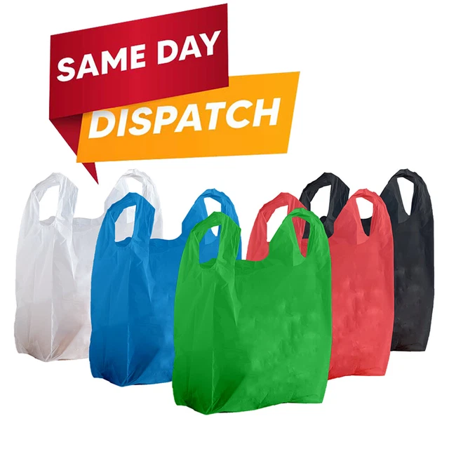 Plastic Vest Carrier Bags Blue White Black Red & Green All Sizes Supermarkets