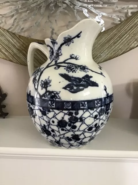 Antique BURMESE by F.J. EMERY ENGLAND FLOW BLUE IRONSTONE PITCHER, FLOWERS BIRDS