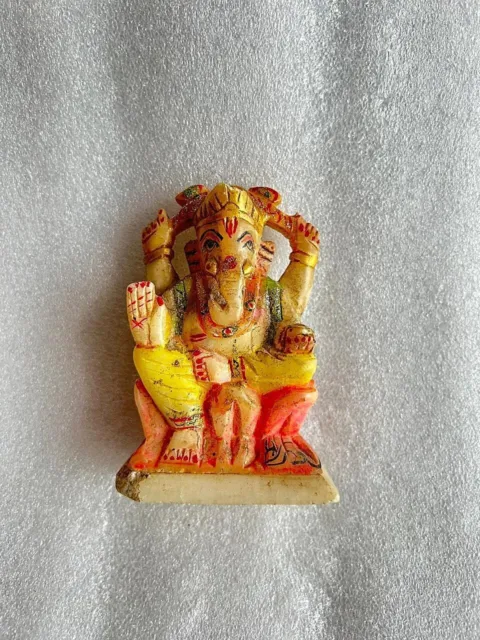 Old Hand Carved Hindu God Lord Ganesha Marble Statue  Hand Painted Sculpture