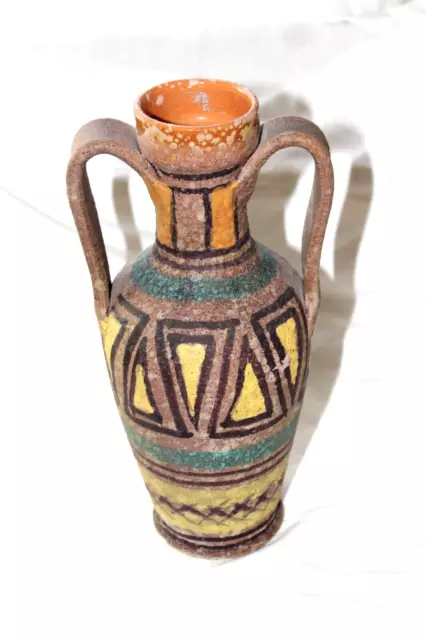 Vintage MCM Italian Italy Pottery Lava Glaze Geometric handled Vase