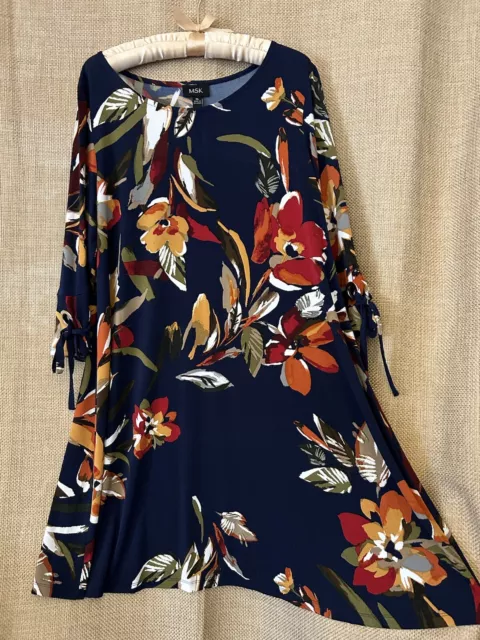 MSK Dress XL Cute Navy Blue Floral Print Stretch Knit A-Line Women’s Extra Large