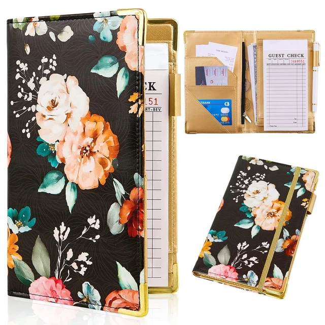 Server Book for Waitress Organizer Leather Waiter with Zipper Black