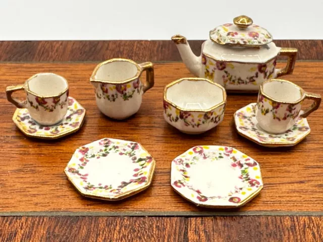 Dolls house miniature 1:12 HAND PAINTED porcelain tea set by SU CARTER