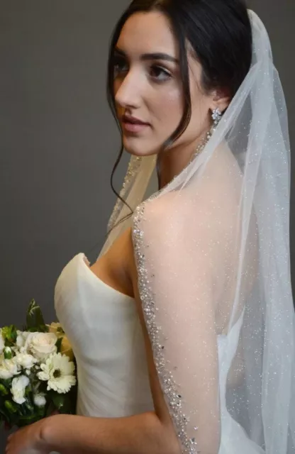 Bridal glitter veil with rhinestones white