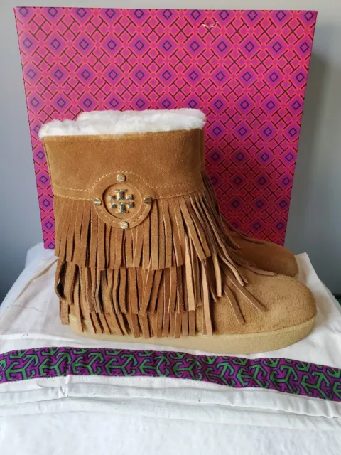 TORY BURCH Collins Fringe Suede Bootie Havana Tan Size 5 *NWT* MSRP $350