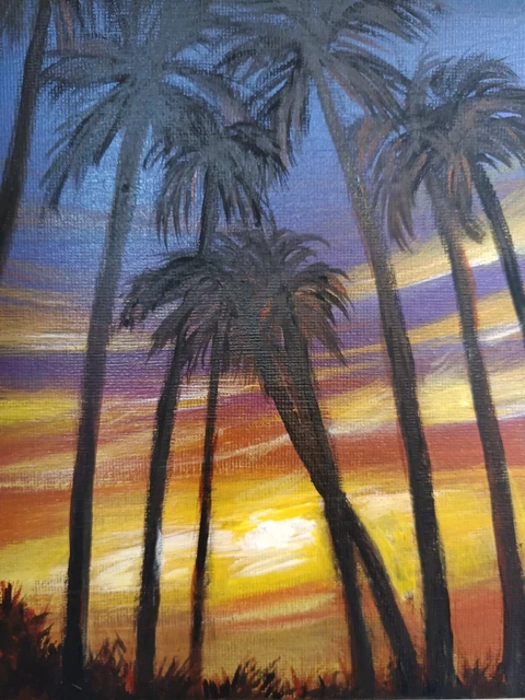ORIGINAL SUNSET PALM trees painting, hand painted on 20x20 cm canvas £ ...