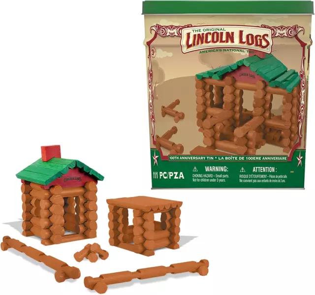 Lincoln Logs –100Th Anniversary Tin-111 Pieces-Real Wood Logs-Ages 3 Best Retro