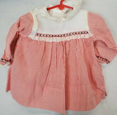 Vtg Alexis Baby Dress Diaper Cover Red White Stripe ruffle collar long sleeve 9M