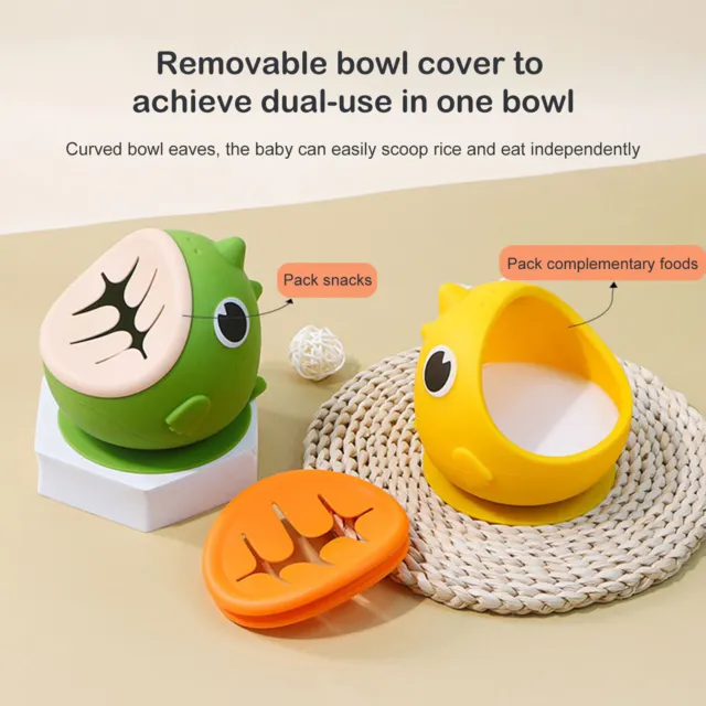 Food-grade Silicone Baby Dish Snack Bowl Suction with Cartoon Dinosaur Lid