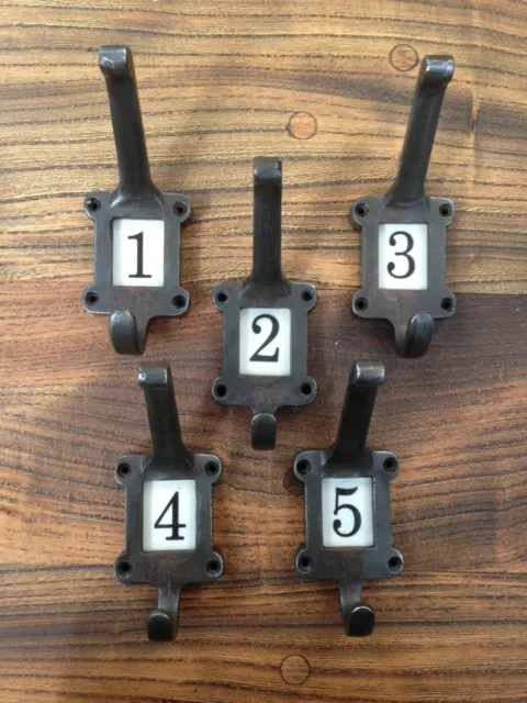 5 X Cast Iron School Coat Hooks With Ceramic Number Inserts ~ Vintage Style ~