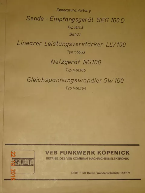 SEG 100D, Reparaturanleitung RA LLV100, NG 100, GW 100., keine RN s.u. RFT/  FWB