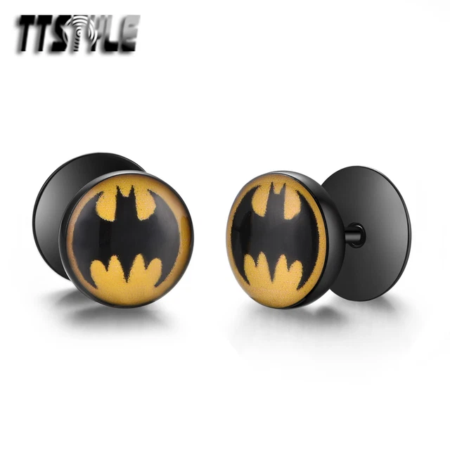 TTStyle 10mm Epoxy Black Stainless Steel Batman Fake Ear Plug Earrings A pair