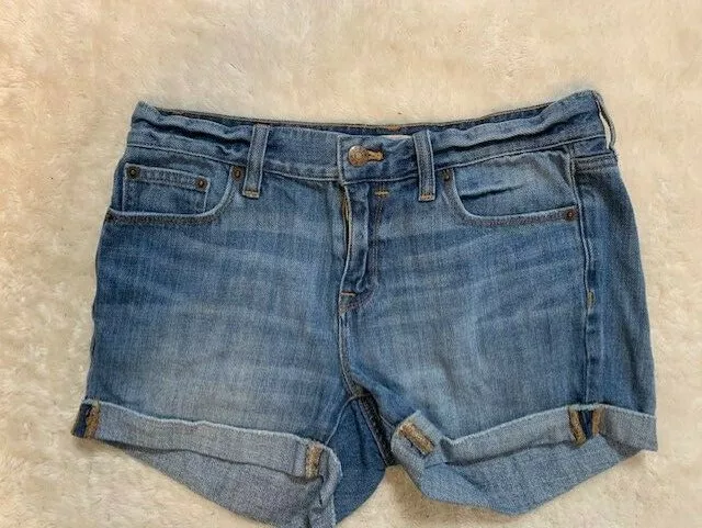 J Crew Size 25 Womens Denim Cuffed Shorts Raw Hem Light Distress Medium Wash