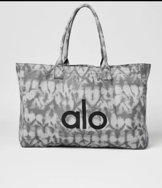 ALO Yoga Gray Tie Dye Large Cotton Canvas Open Top Shopper Tote Gym Bag NWOT