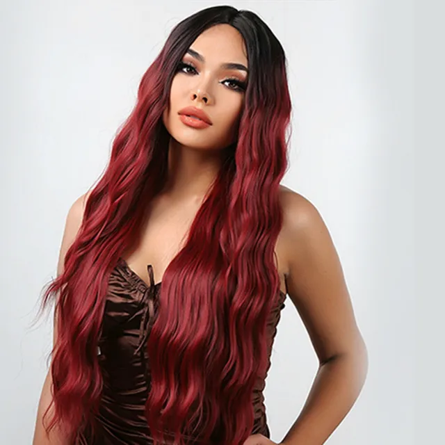 24" Lace Closure Hair Wigs Curly Hair Waves Full Hair Front Wigs Gradient Red I