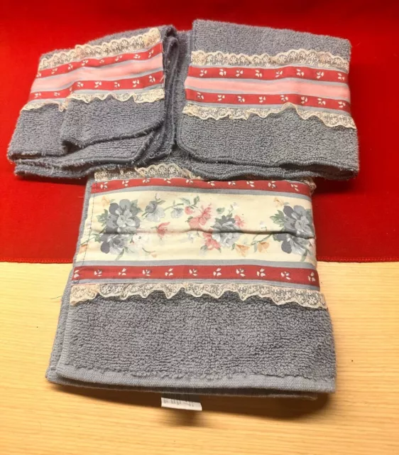 Serenity Collection Lace & Flowered BLUE Hand Towel plus 2 Washcloths