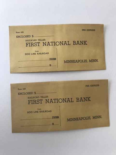 Soo Line Railroad vintage teller first national bank envelopes lot of 2 new vtg