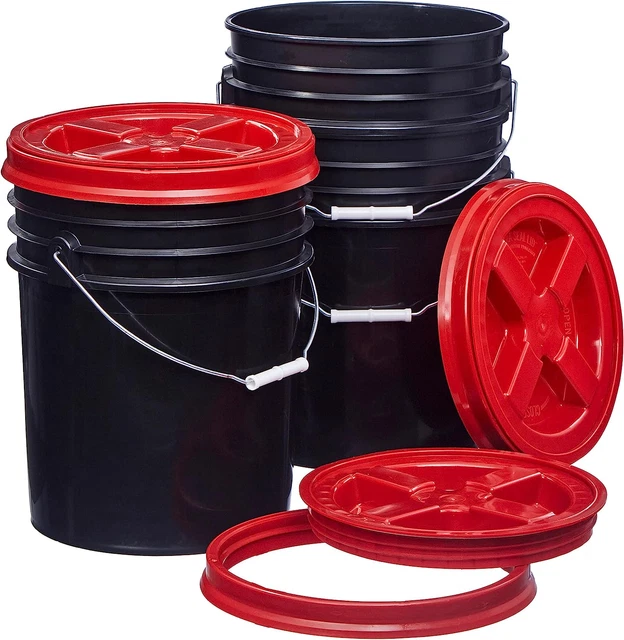 5 GALLON BLACK Food Grade Buckets + Red Gamma Seal Lids, BPA Free