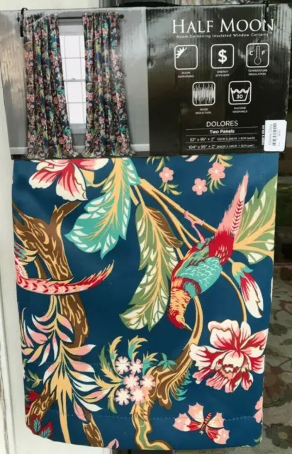 Half Moon DELORES 2 Curtain Panels 52 x 95 New $135 Bird/Floral/Navy-Multi-Color