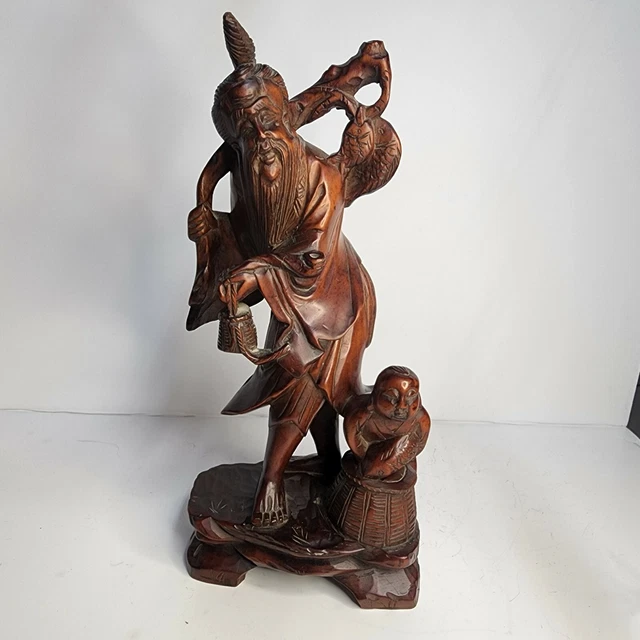 Chinese Hand Carved Asian Man Fisherman with Boy Holding Fish Wood Figurine Vtg