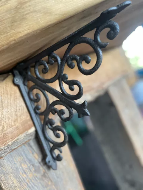 2: Farmhouse Vintage Black Brackets Pair Iron Corbel Ornate Scrolled Mid Century