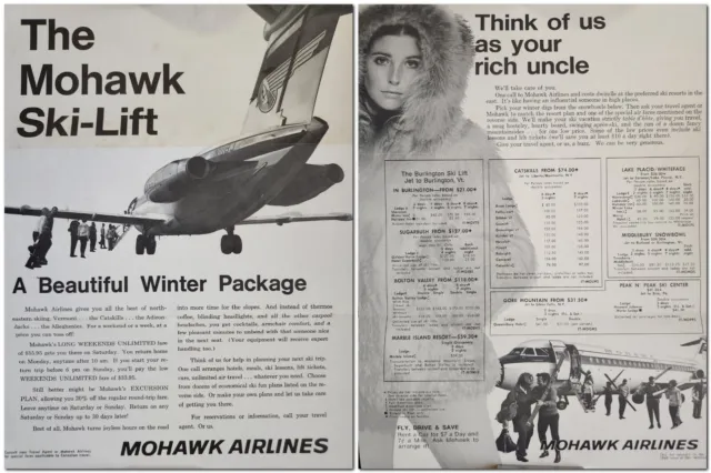 Mohawk Airlines 1969 Ski-Lift VERMONT/NEW YORK Schedule Brochure Flier Excellent