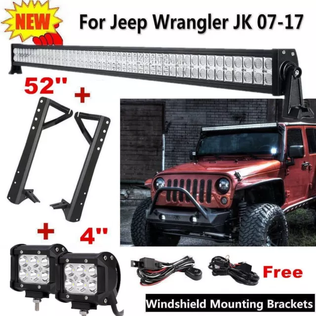 52" LED Work Light Bar +4" Spot Pods +Mount Brackets For Jeep Wrangler JK 07-17