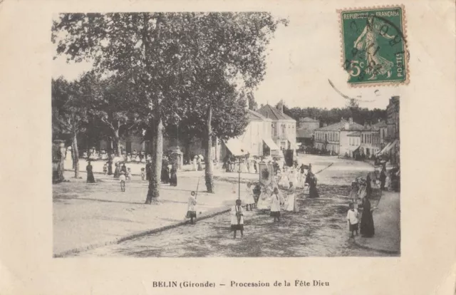 CPA - Gironde - 33 - BELIN-BELIET: Procession de la Fête-Dieu - Animée 1917