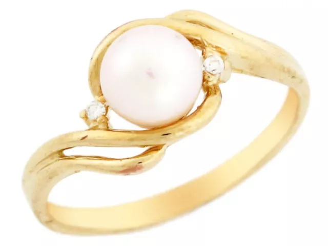 10k or 14k Solid Yellow Gold Freshwater Cultured Pearl & CZ Swirl Every Day Ring