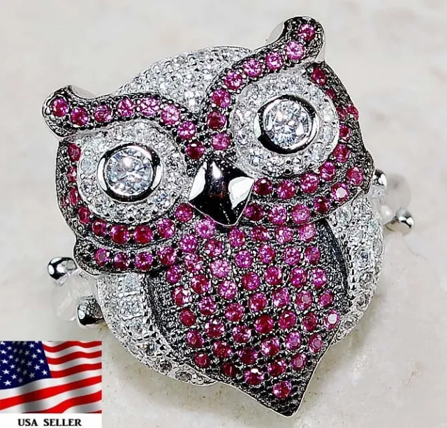 Owl 1CT Ruby & Topaz 925 Solid Genuine Sterling Silver Ring Jewelry Sz 7 ZD3