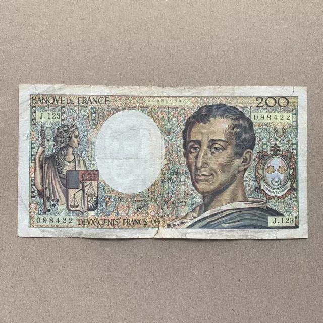 France 200 Francs Banknote 1992 =  MONTESQUIEU French Currency Paper Money Note