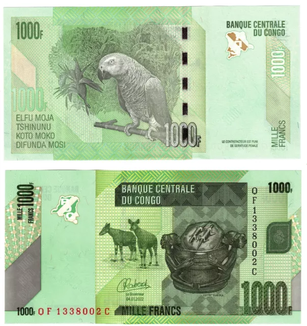 2022 Congo Democratic Republic P101d Banknote 1000 Francs UNC Parrot