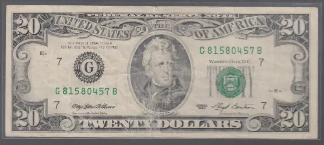 1993 (G) $20 Twenty Dollar Bill Federal Reserve Note Chicago Vintage Currency
