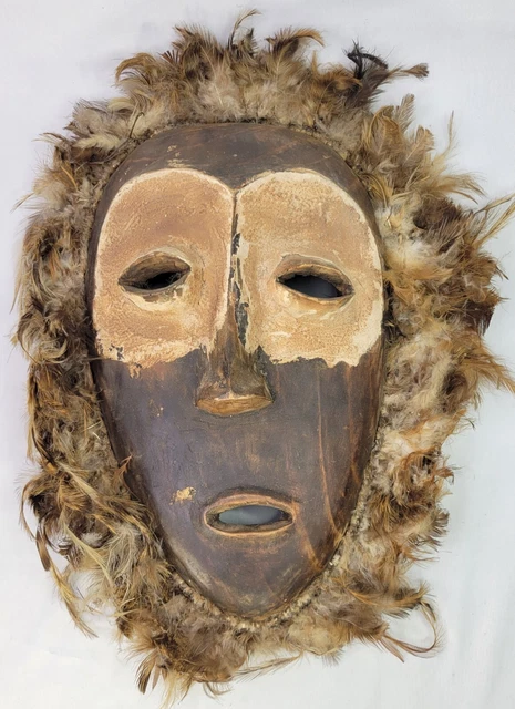 Antique African Lega Carved Wooden & Feathers Mask - Primitive Folk Art - 1950s