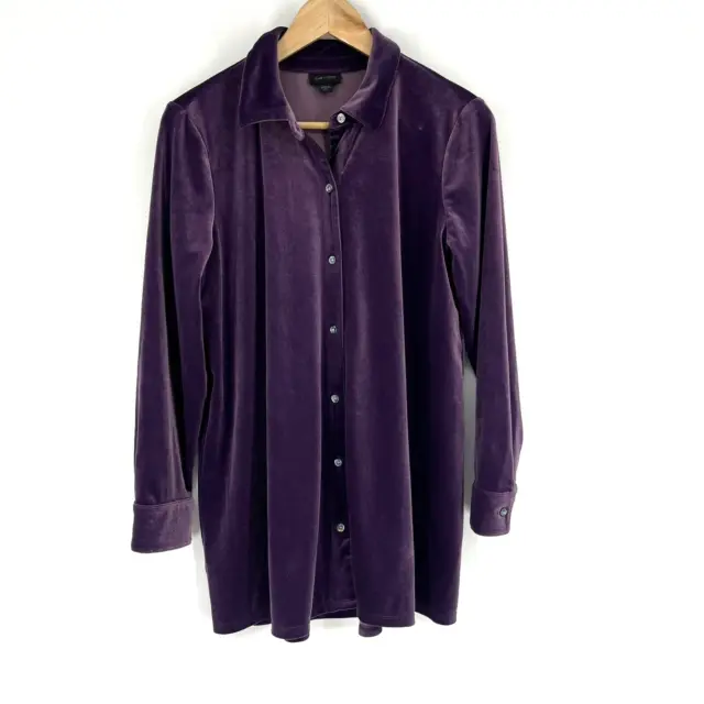 J Jill Wearever Tunic Top Size Medium Petite Women Purple Velvet Button Up Shirt