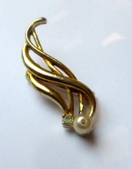 Broche Vintage Couronne Avec Nœud, Perles & Cristaux - Or Couleur - Occasion Bon état