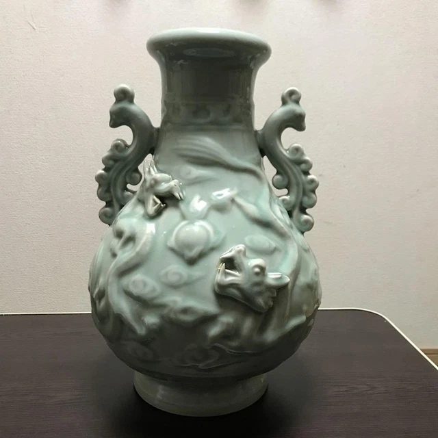 特大中国花瓶古美術青瓷陽刻龍紋中国龍泉龍泉窯花瓶美術品骨董品