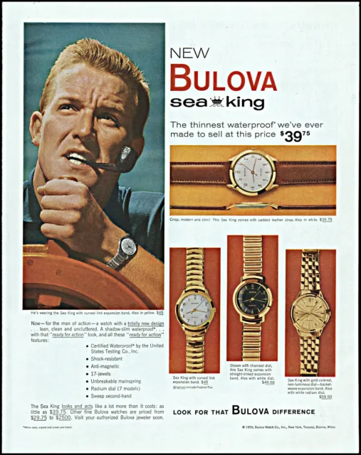 1959 Seaman pipe smoker wearing Bulova Sea King Watch retro photo print ad adl75