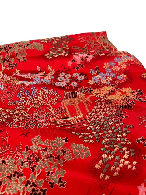 Vtg- Helena International Red Embroidered Asian Print Kimono Robe Tie & Pockets