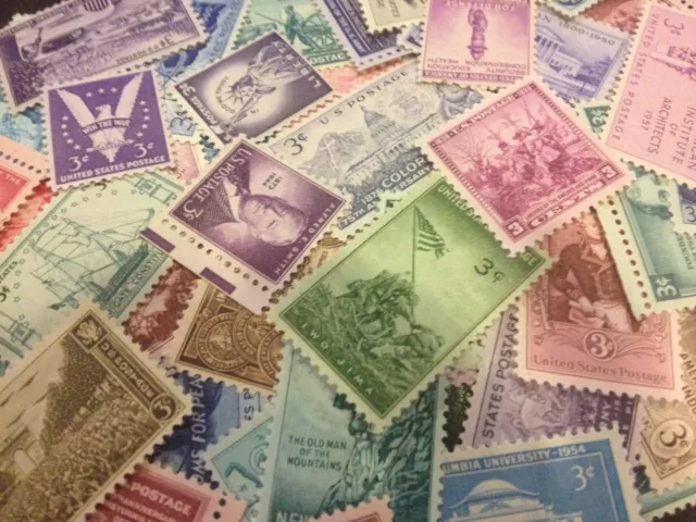 50 MNH Vintage and All Different 3 cent stamps including World War 2 era stamps