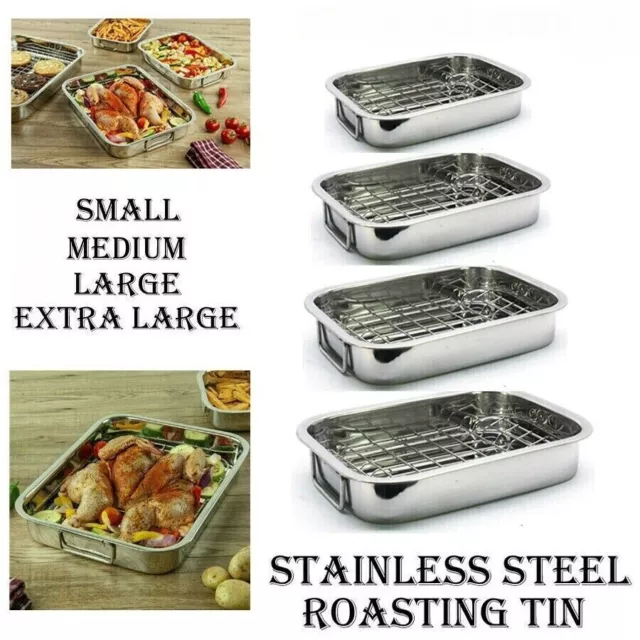 Stainless Steel Deep Roasting Tray Oven Pan Grill Rack Baking Roaster Tin Tray