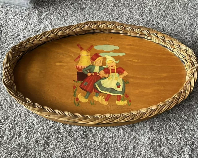 Vintage Wood & Rattan Folk Art Serving Tray