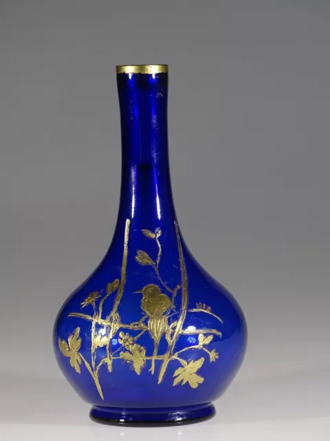 Victorian Cobalt Blue Glass Vase with Bird on Branches in Gold c.1890