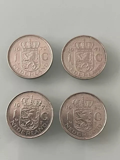 Lot 4 Coins / Pièces Netherlands / Pays-Bas - 1 Gulden -1970 -1971 -1976 -1980