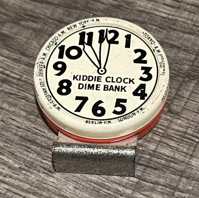 Vintage Kiddie Clock DIME BANK Tin Litho CANDY CONTAINER JC Crosetti