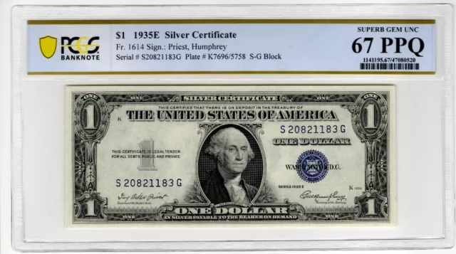 $1 1935E SILVER CERTIFICATE FR#1614 Superb 67PPQ  SG Block TOP POP?