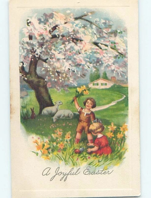 Pre-Linen Easter KIDS FIND COLORED EGGS UNDER FLOWERING TREE HL6928