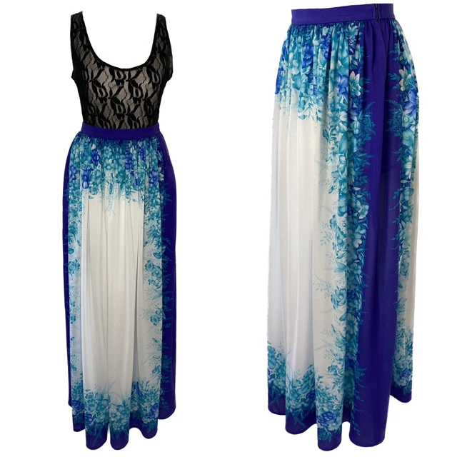 Maxi gonna vintage anni '70 bianca blu floreale boho prairie cottage core taglia XS 6