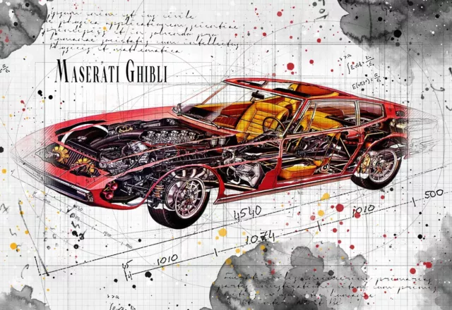 Line Tech Drawing    Maserati Ghibli   Auto Car Classic Cutaway Art Poster Print