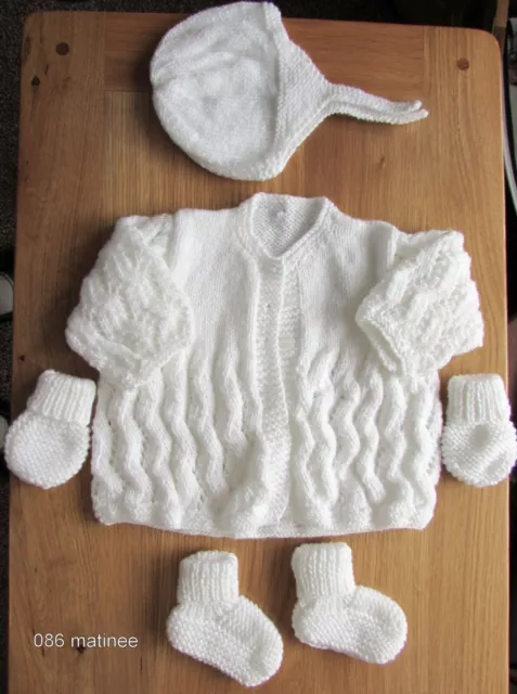 new soft white matinee set 0 to 3 months hand knitted hat booties coat mitts.